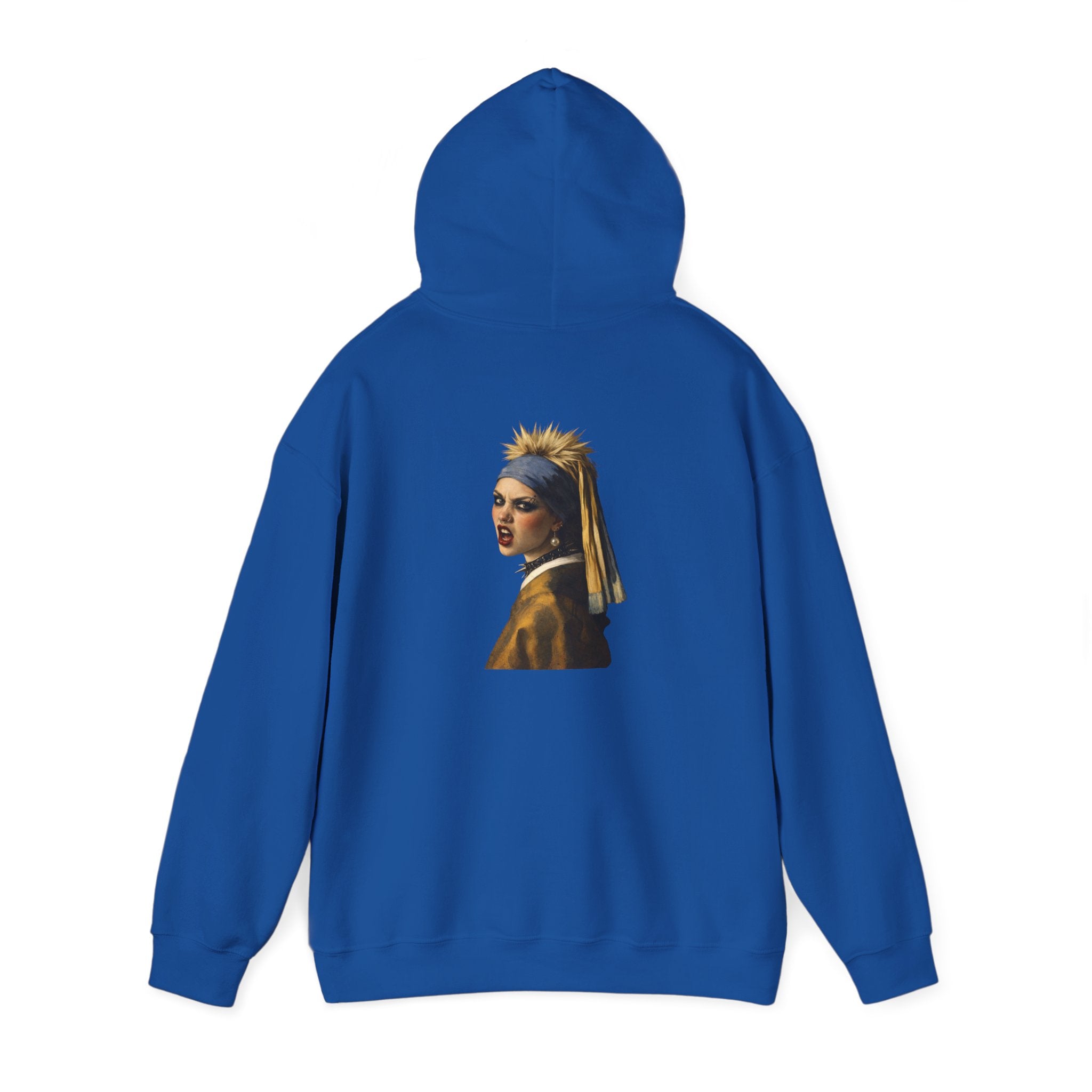 Blue hoodie with a graphic of a reimagined Vermeer girl with a pearl earring on the back, displayed on a white background