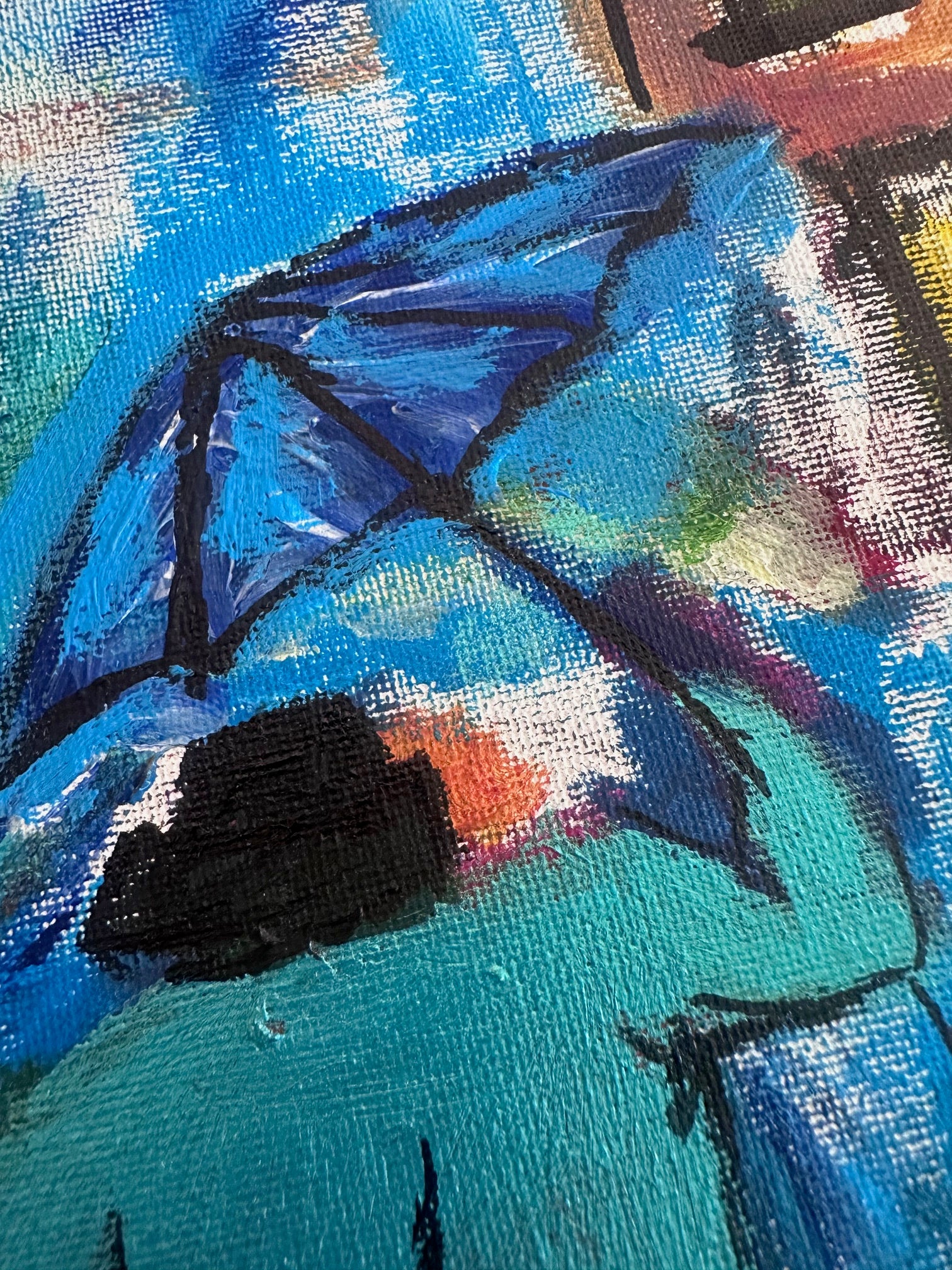 Abstract painting with blue, black, and multicolor strokes on a textured surface.