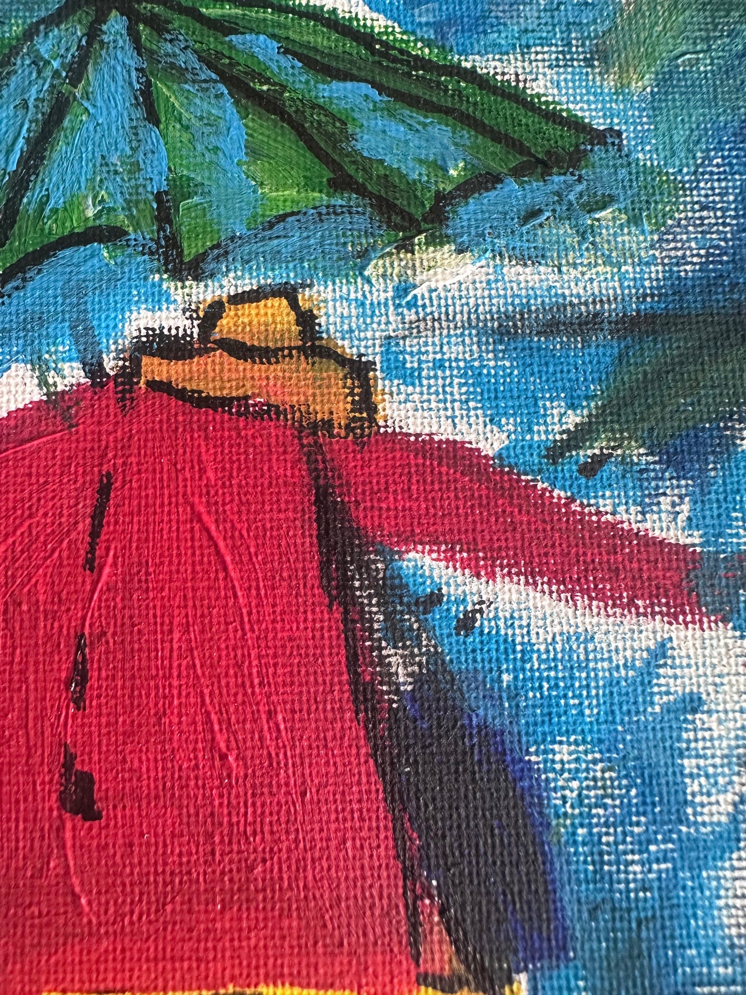 Abstract painting with red, blue, green, and black colors on a textured surface.