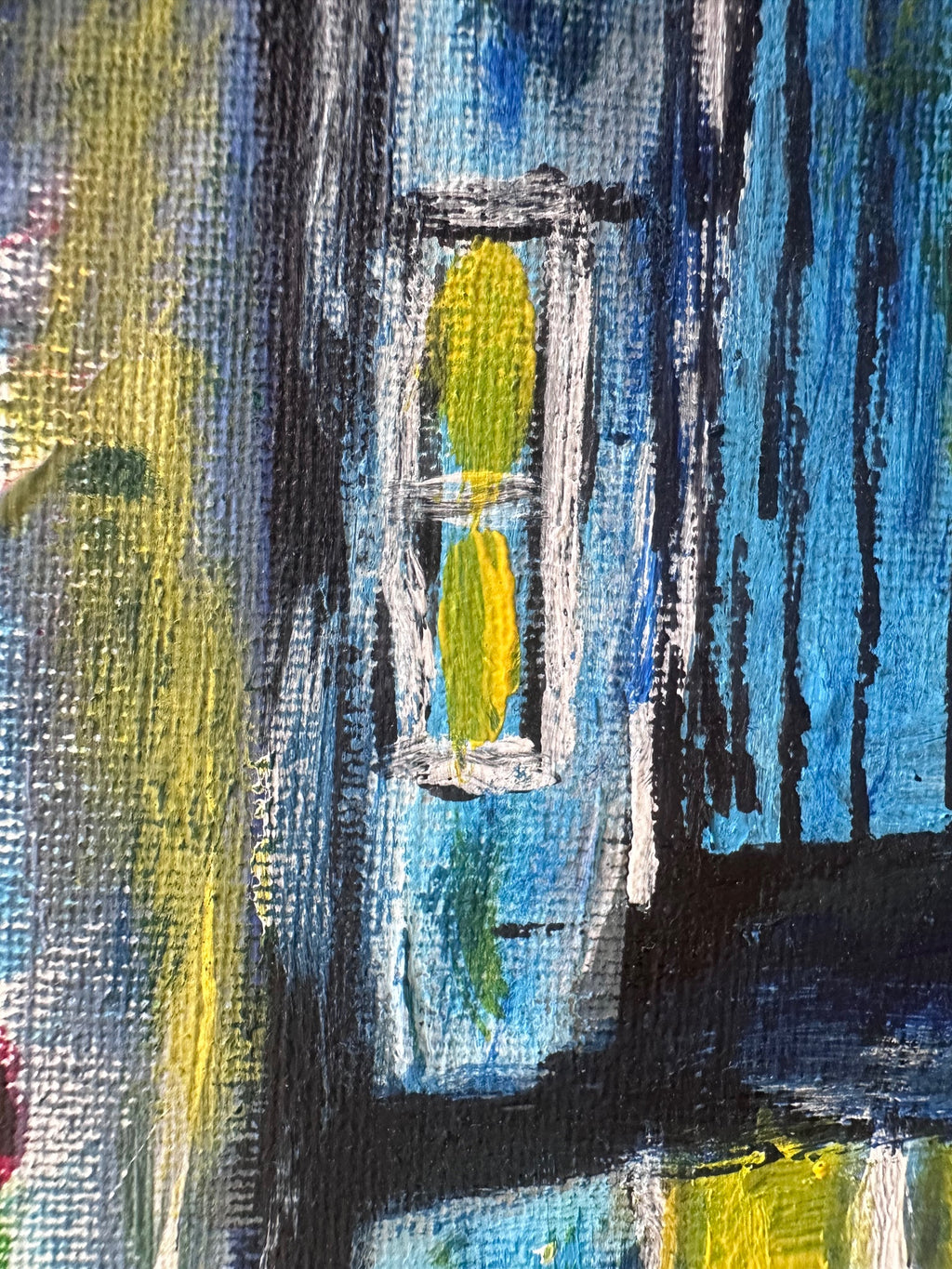Abstract painting with a focus on a yellow circle