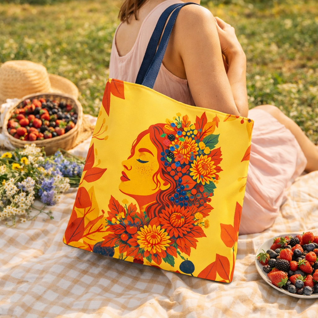 Berry Muse tote bag with floral berry woman design at summer picnic