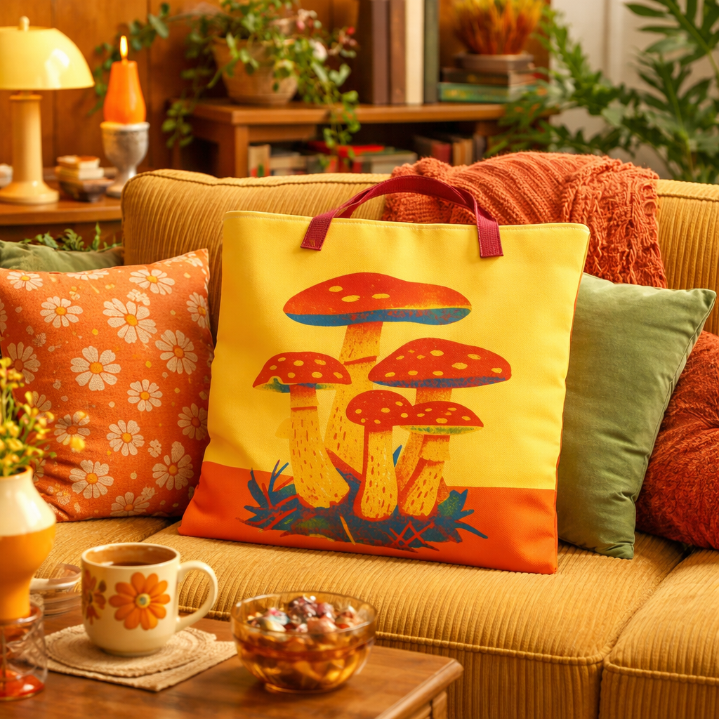 Colorful tote bag with mushroom design on a couch with patterned cushions