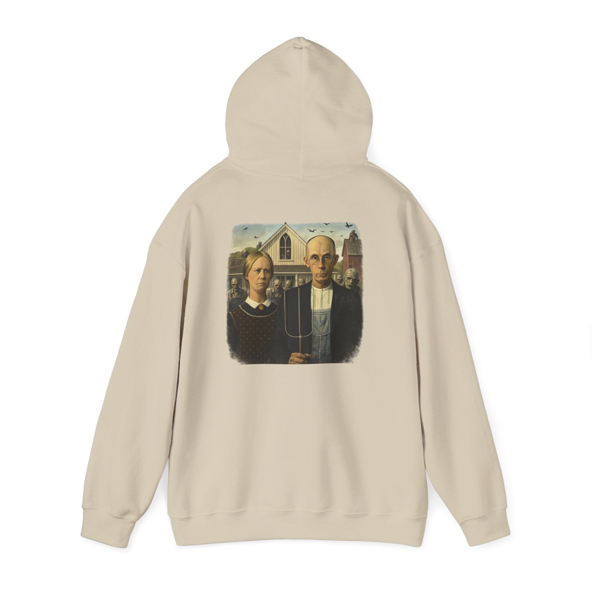 Beige hoodie with a graphic of a  reimagined American Gothic by Grant Wood on the back, displayed on a white background.