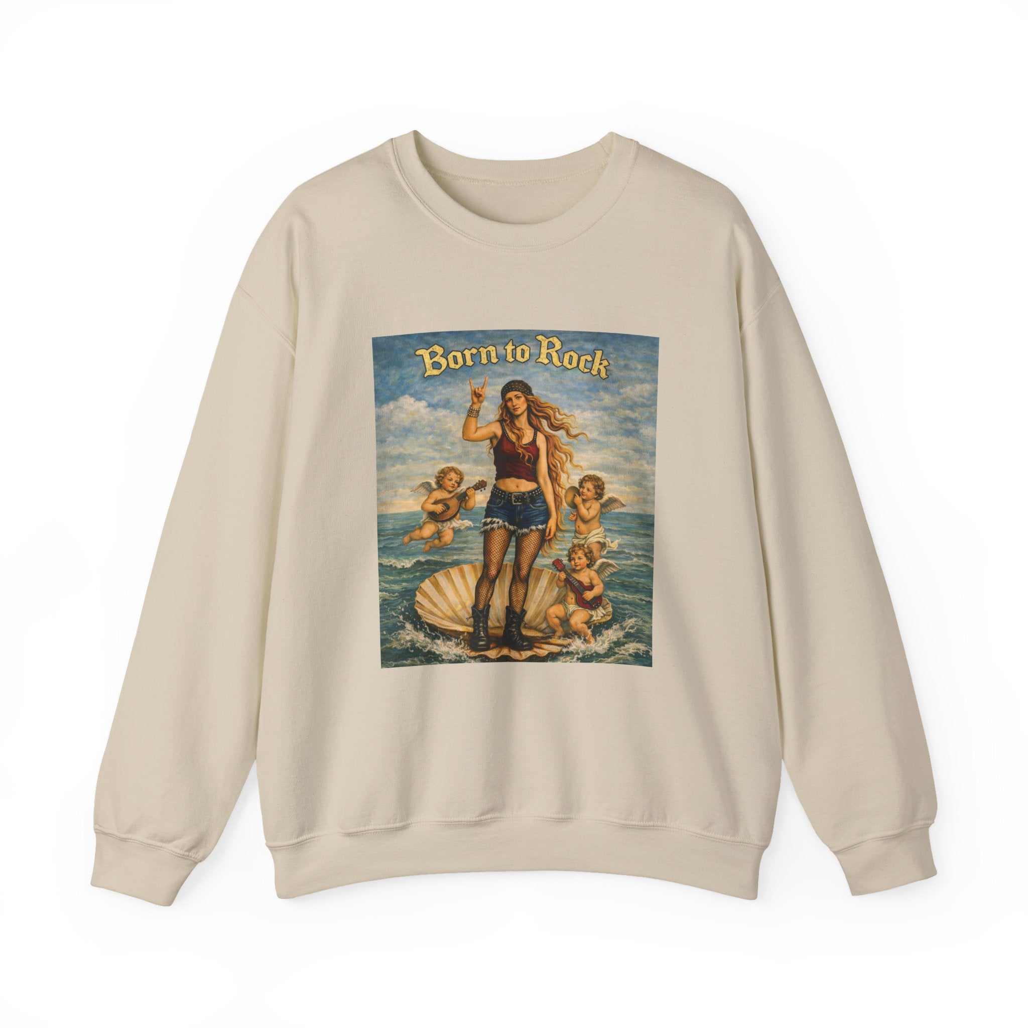 Sand sweatshirt with a graphic design of Botticelli's Venus with 'Born to Rock' text on a white background