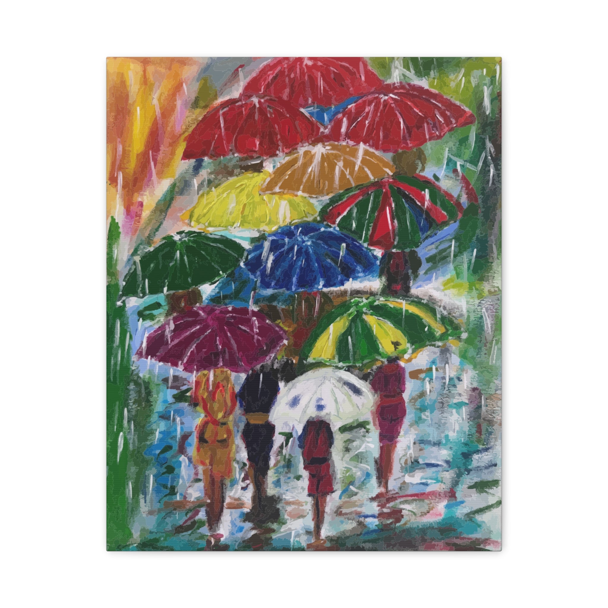Painting of people with colorful umbrellas in a rainstorm