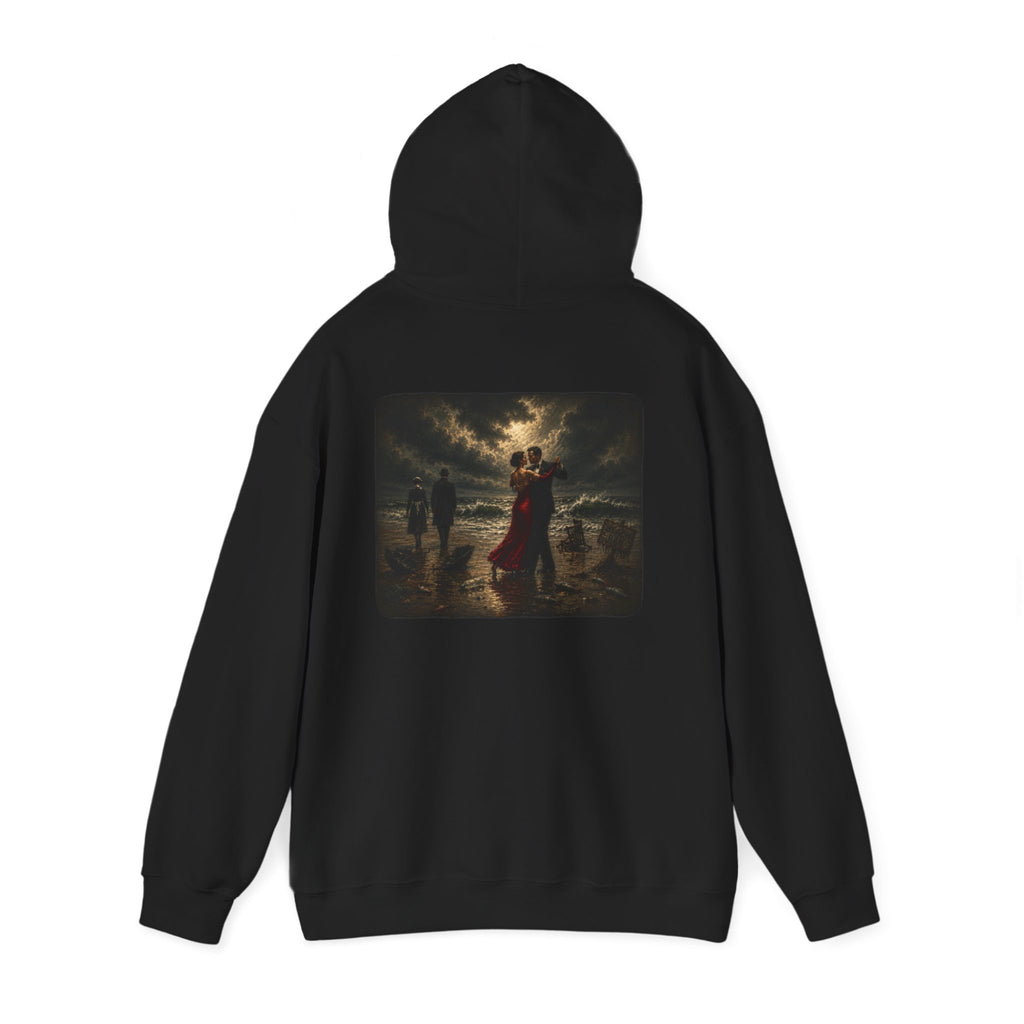 Back view of black hoodie with a graphic of a Vettriano inspired Singing Butler print on the back on a white background
