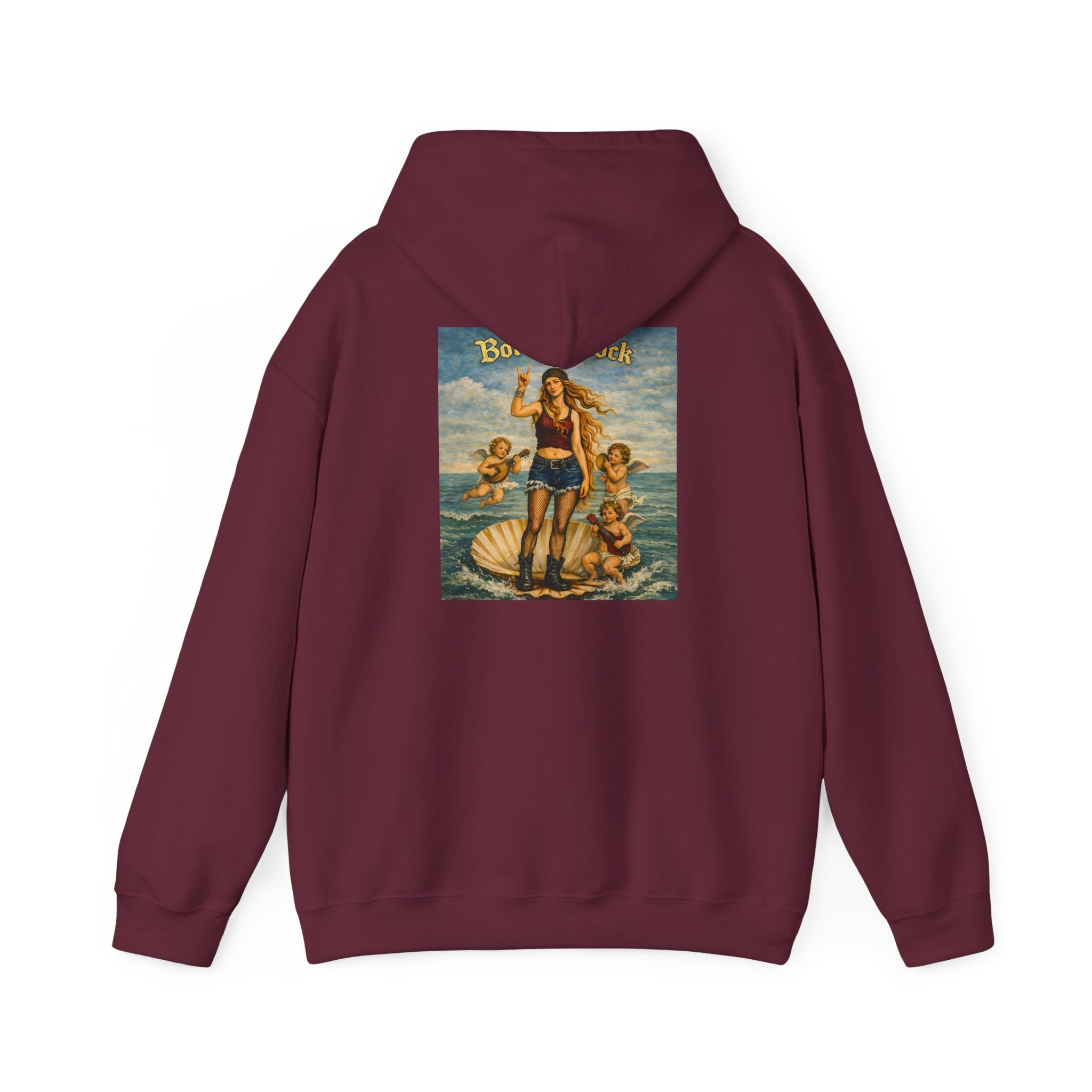 Maroon hoodie with a reimagined image of Botticelli's Venus on the back with Born to Rock text on a white background 