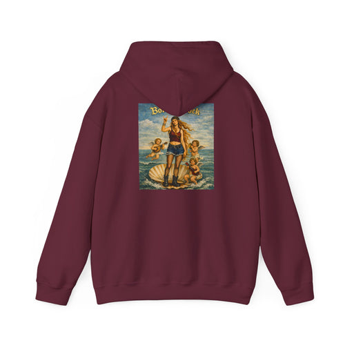 Maroon hoodie with a reimagined image of Botticelli's Venus on the back with Born to Rock text on a white background 