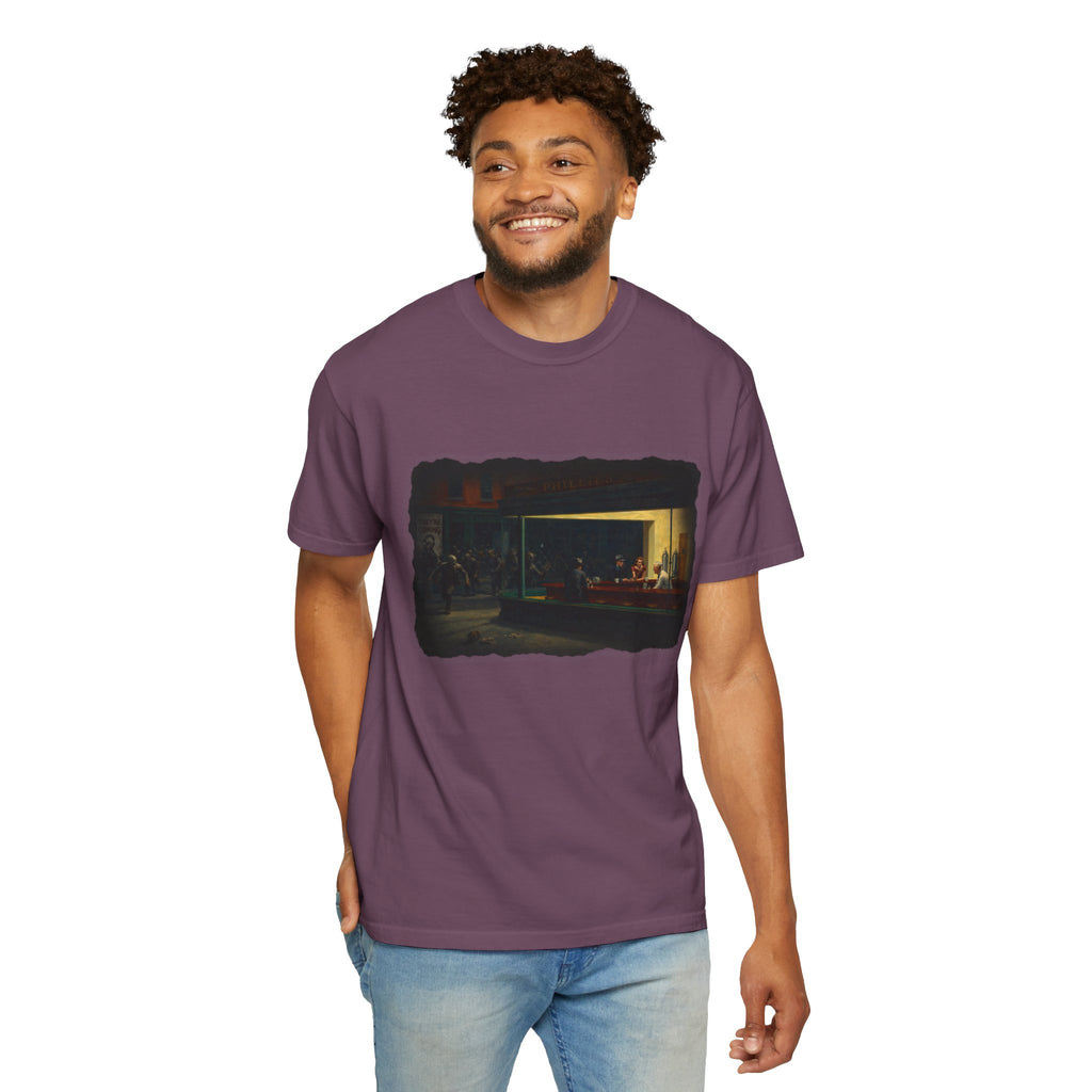 Man wearing Berry colour tshirt with graphic image inspired by Edward Hopper's Nighthawks on a white background