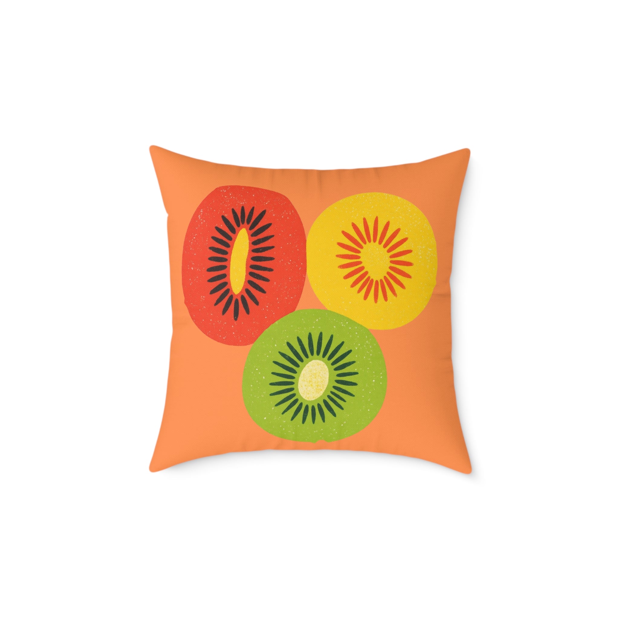 Decorative pillow with kiwi fruit design on an orange background
