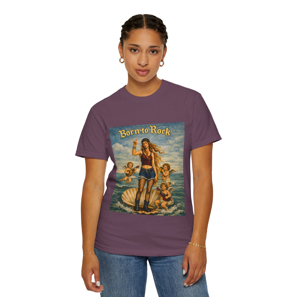 Woman wearing Berry t-shirt showing a reimagined image of Botticelli's Venus with 'Born to Rock' graphic design on a white background