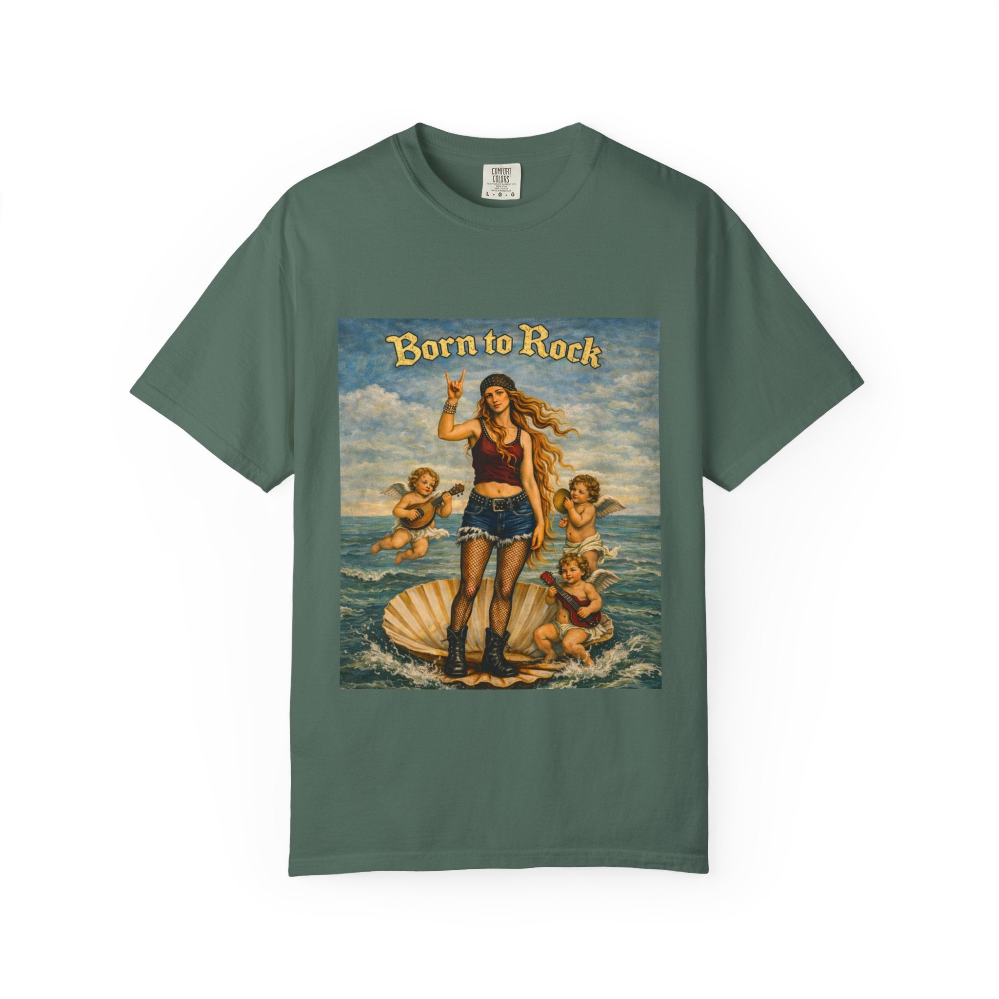 Blue Spruce t-shirt showing a reimagined image of Botticelli's Venus with 'Born to Rock' graphic design on a white background