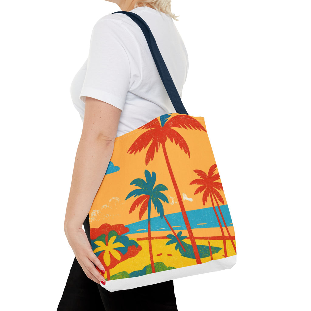 Person holding a tote bag with a tropical design inspired by St Philip in Barbados on a white background