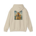 Sand hoodie with a reimagined image of Botticelli's Venus on the back with Born to Rock text on a white background 