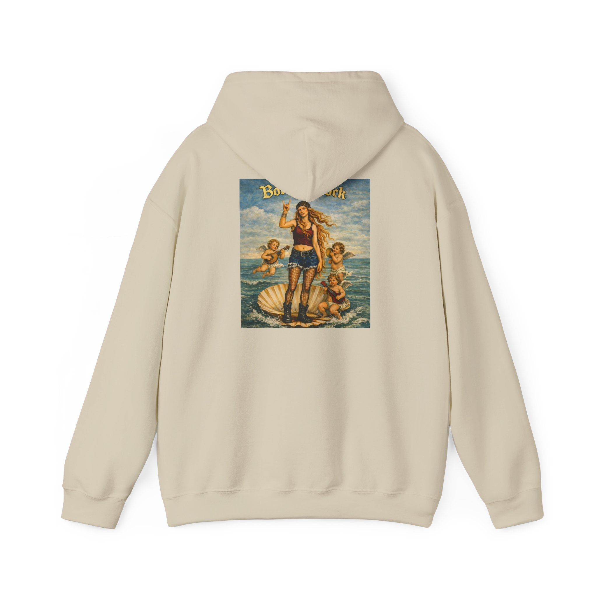Sand hoodie with a reimagined image of Botticelli's Venus on the back with Born to Rock text on a white background 