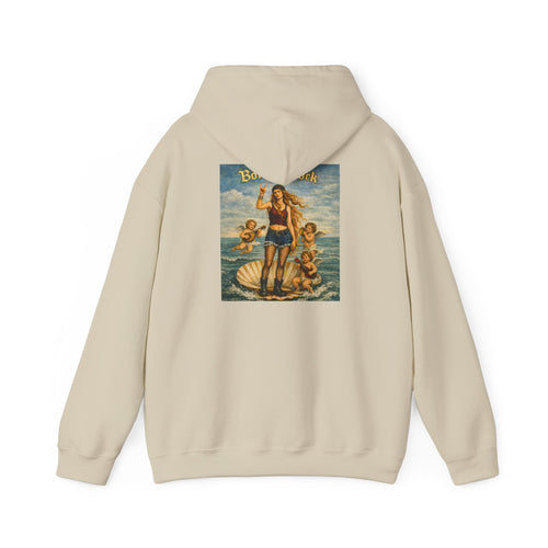 Sand hoodie with a reimagined image of Botticelli's Venus on the back with Born to Rock text on a white background 