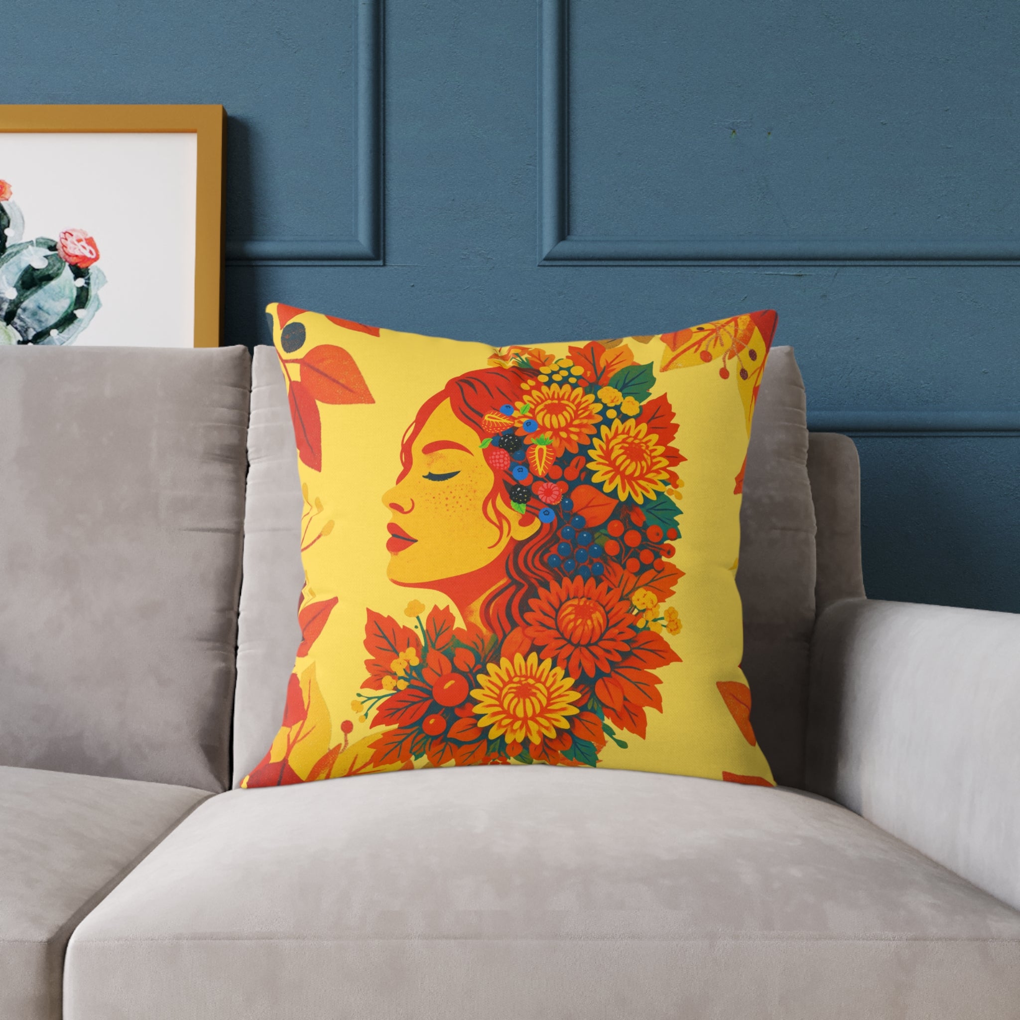 Colorful woman's face floral pillow on a gray sofa against a blue wall with a framed picture.