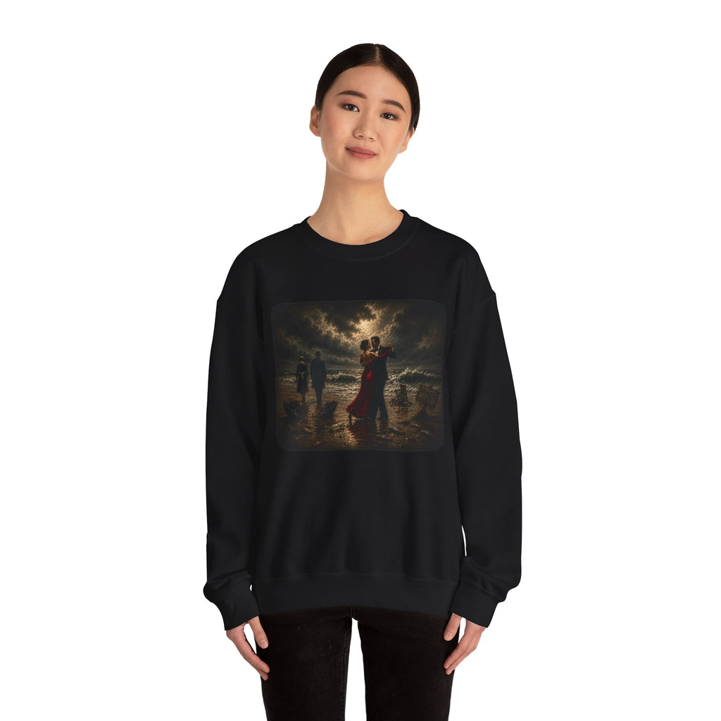 Woman wearing a black sweatshirt with a printed design of a Vettriano inspired singing butler image