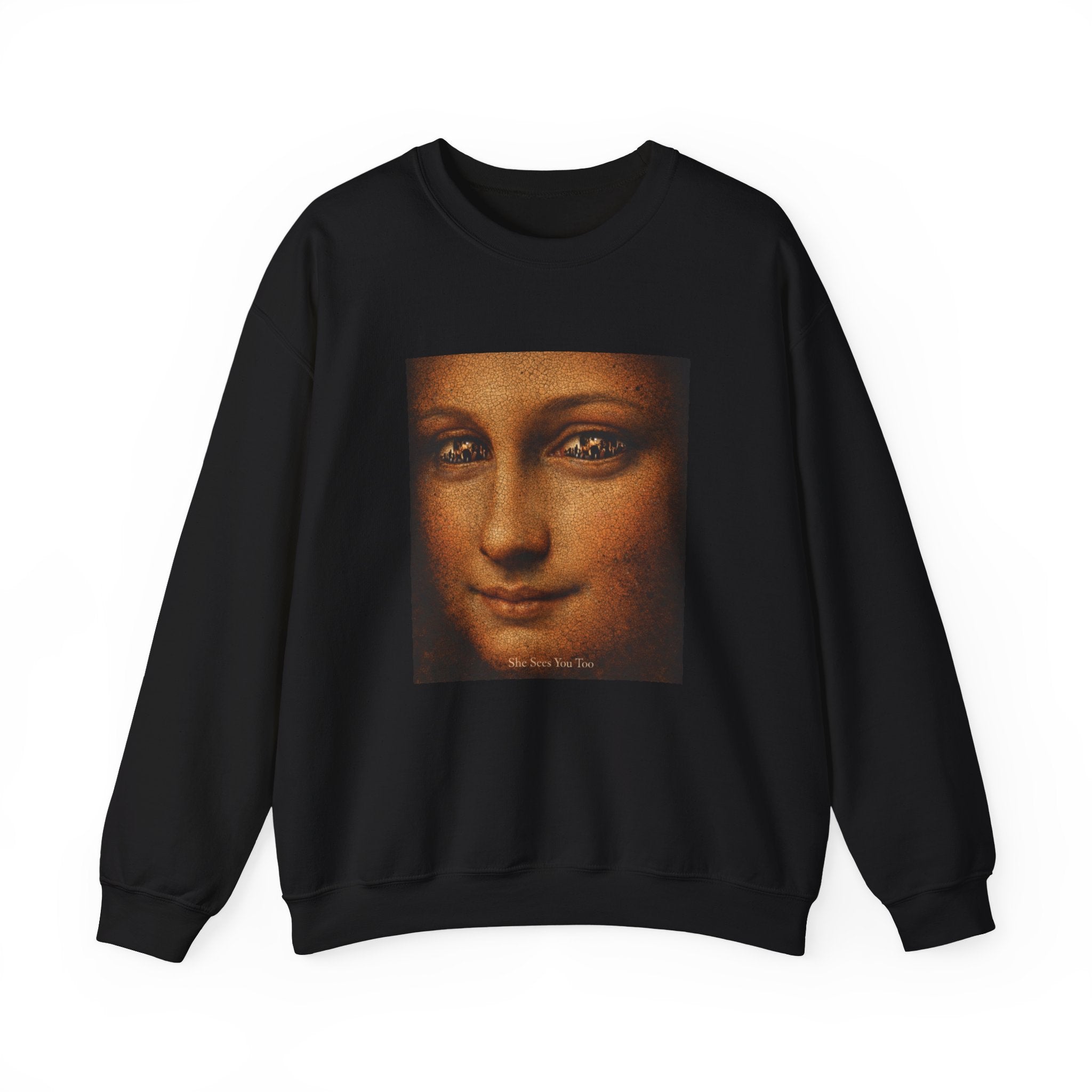 Black sweatshirt showing a reimagined image of Da Vinci's Mona Lisa on a white background