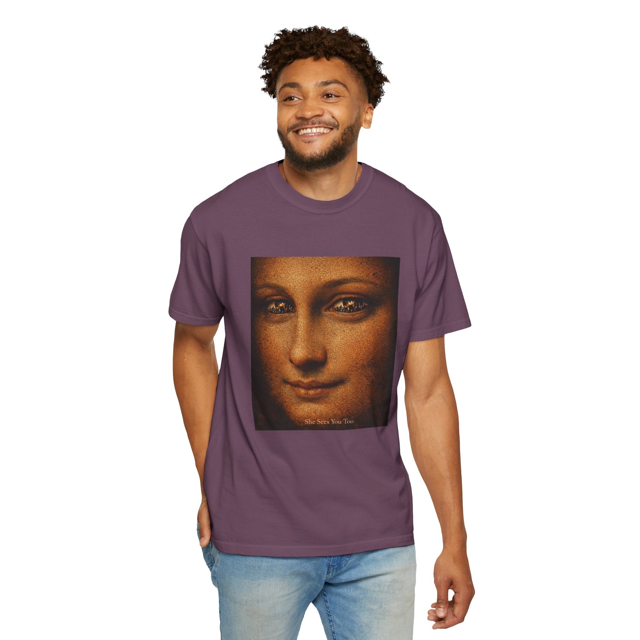 man wearing Burgundy t-shirt showing reimagined image of Da Vinci's Mona Lisa on a white background