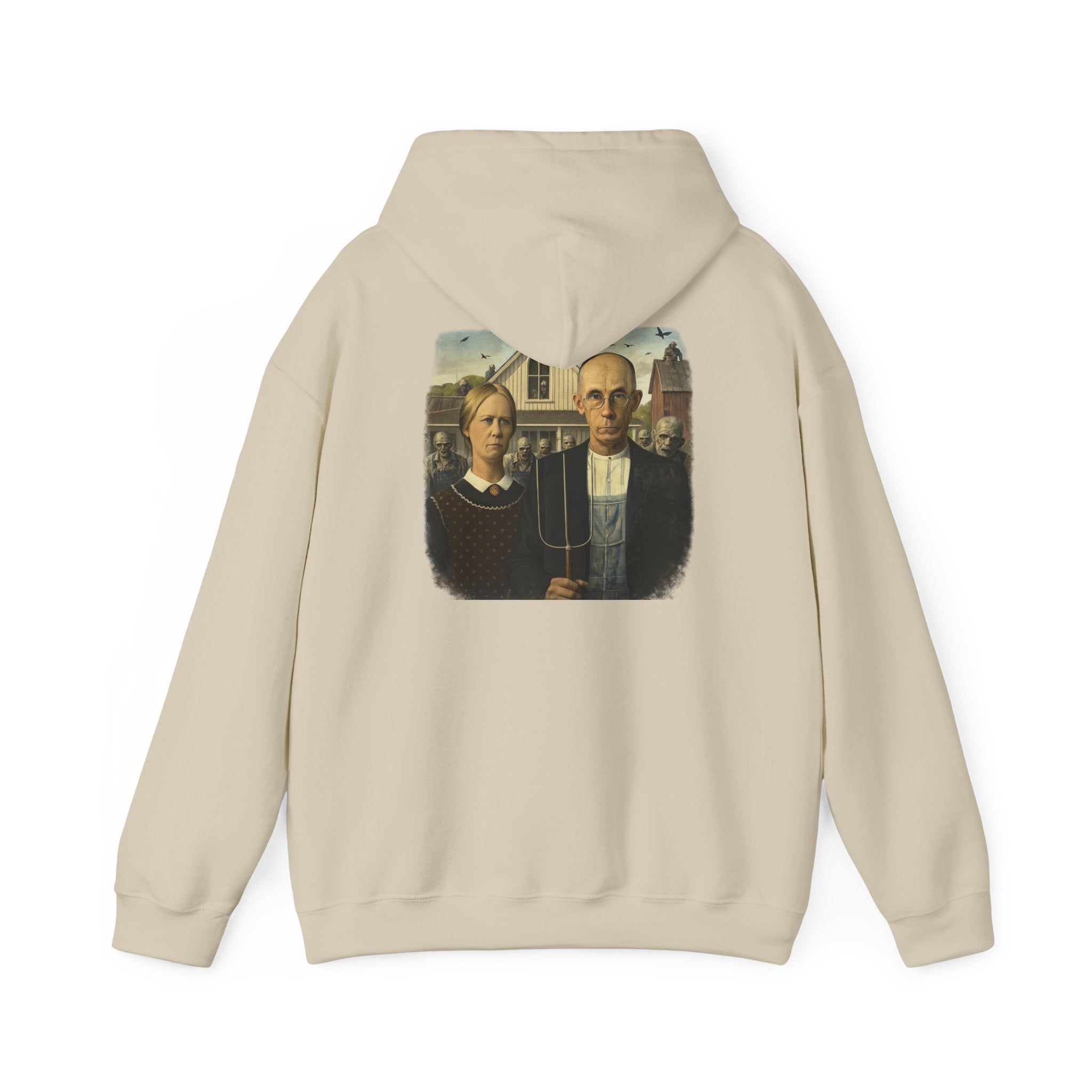 Beige hoodie with a graphic of a  reimagined American Gothic by Grant Wood on the back, displayed on a white background.