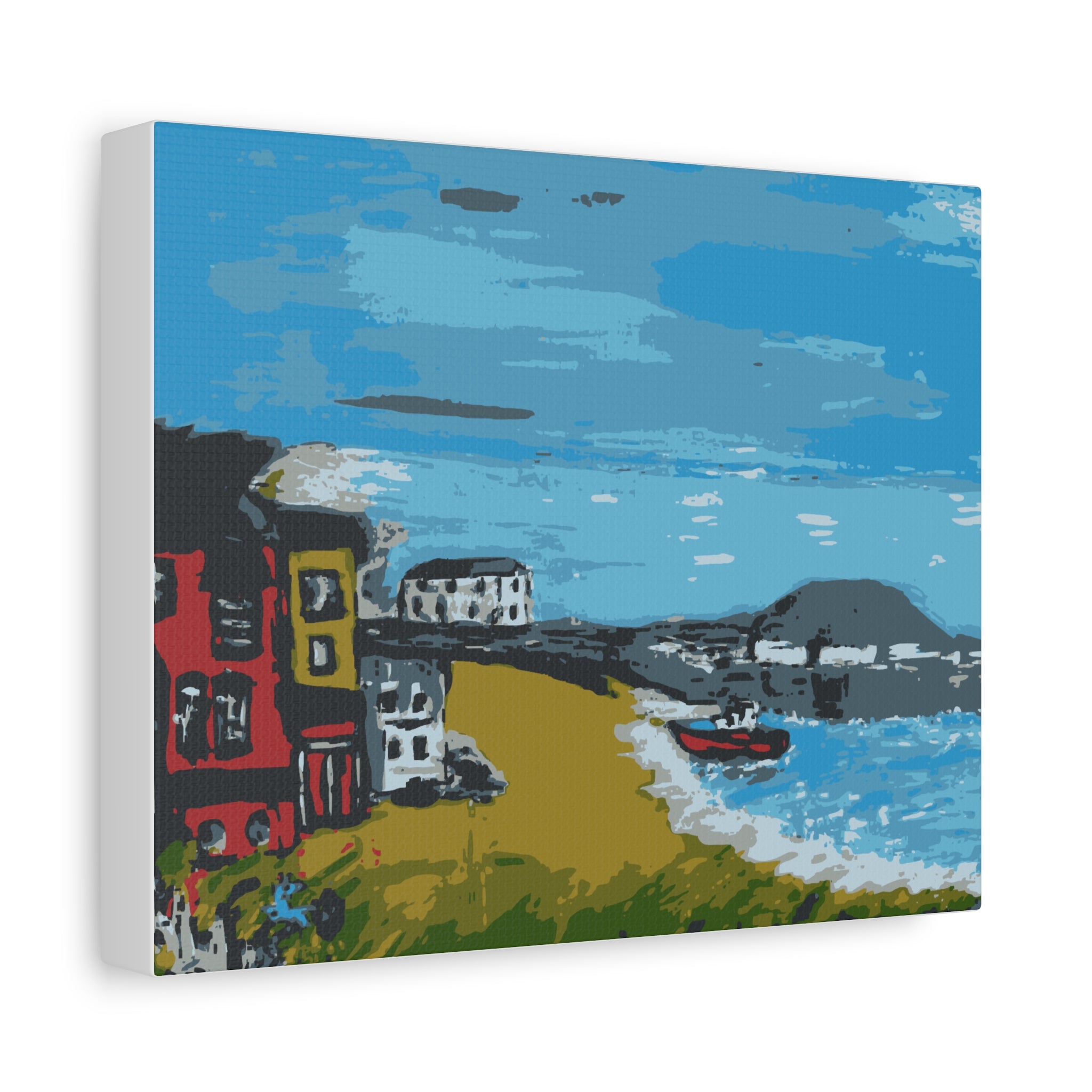 Canvas print of a coastal scene with houses, a boat, and a blue sky.
