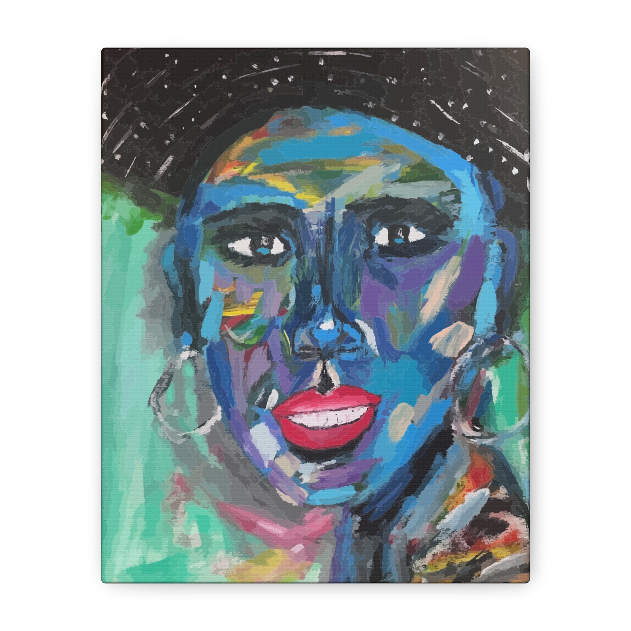 Vibrant abstract painting of a face on a green background