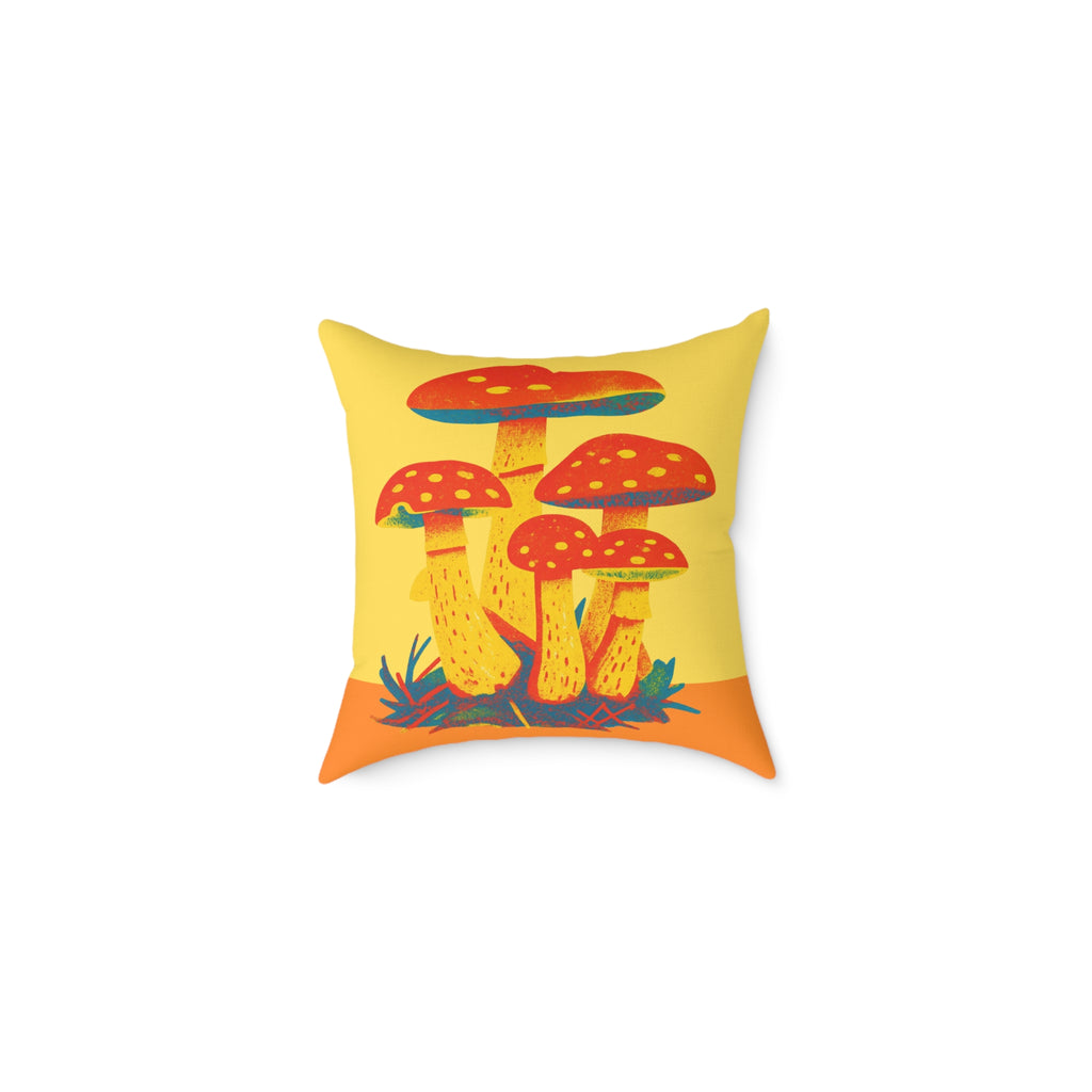 Decorative pillow cushion with mushroom design on a yellow background