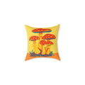 Decorative pillow cushion with mushroom design on a yellow background