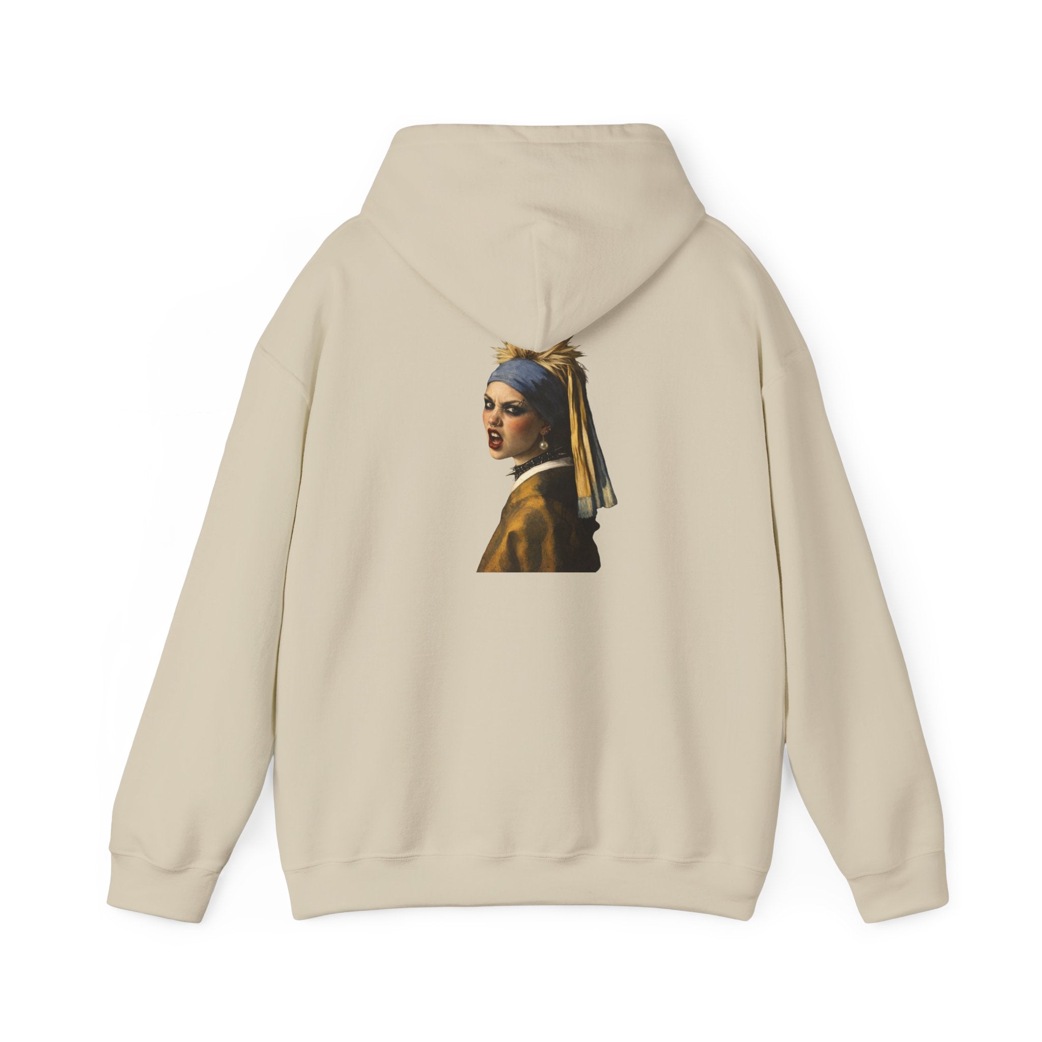 Beige hoodie with a graphic of a reimagined Vermeer girl with a pearl earring on the back, displayed on a white background