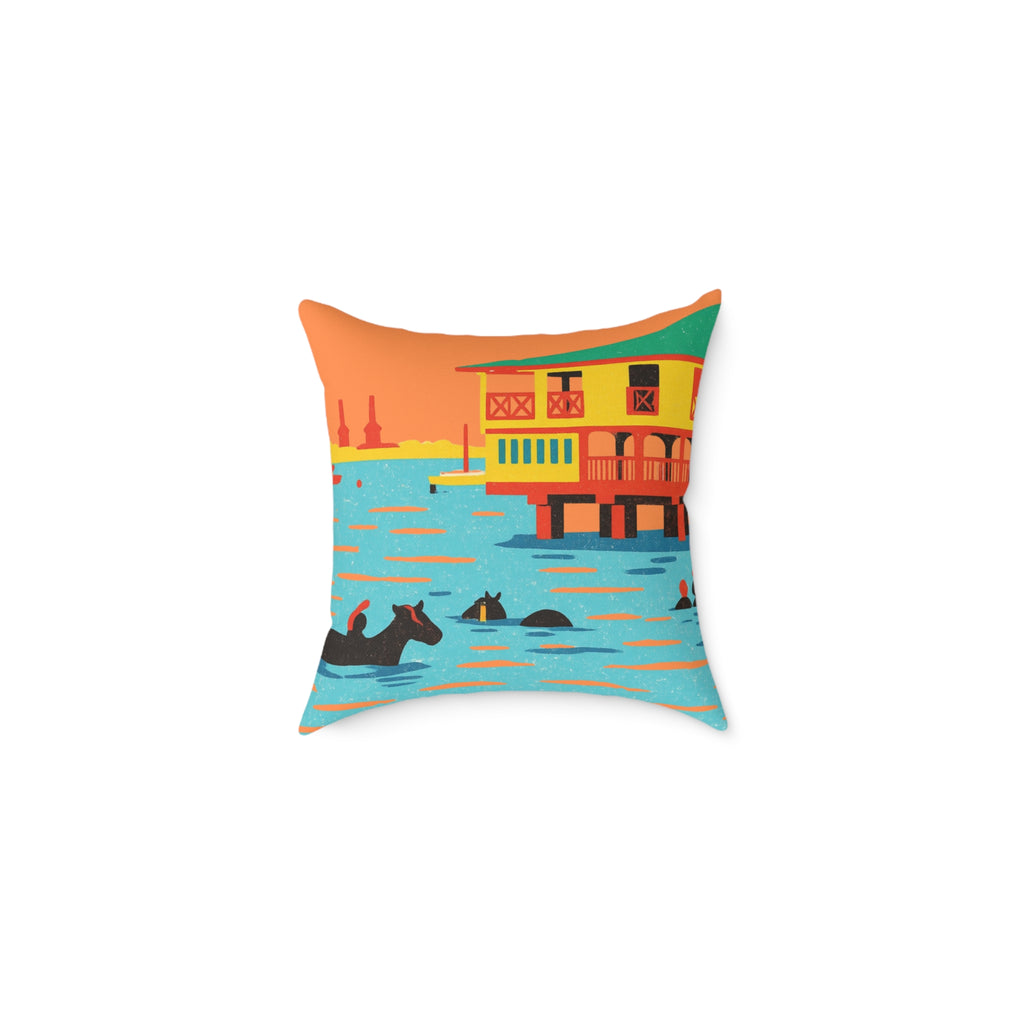 Decorative pillow with a colorful design of a house and horses on water.
