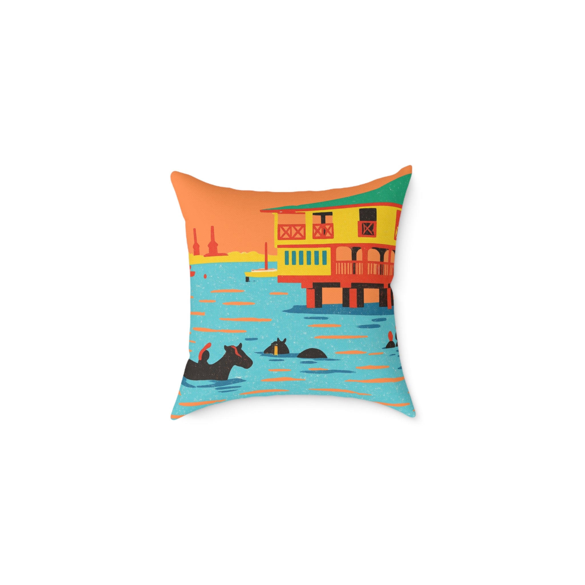 Decorative pillow with a colorful design of a house and horses on water.