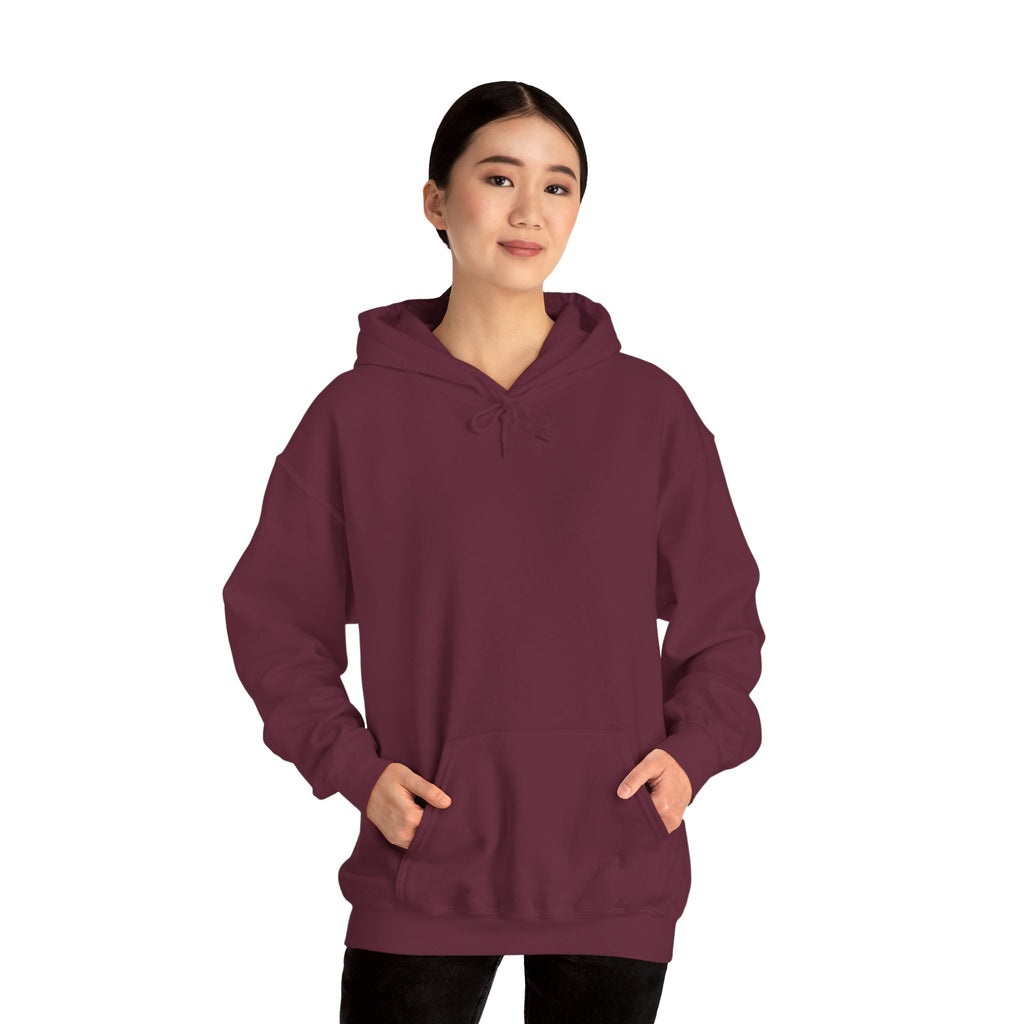 Woman showing front view of maroon hoodie with a graphic of a Vettriano inspired Singing Butler print on the back on a white background