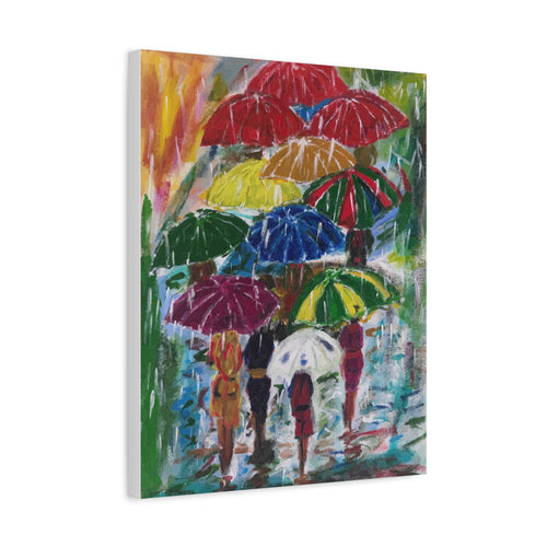Canvas print of a colorful umbrella scene with people walking in the rain.