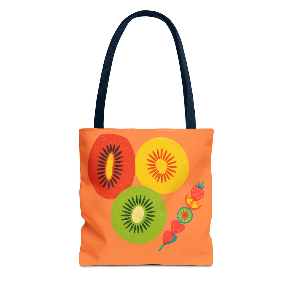 Orange tote bag with colorful fruit illustrations on a white background