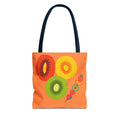 Orange tote bag with colorful fruit illustrations on a white background