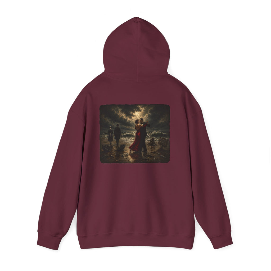 Back view of maroon hoodie with a graphic of a Vettriano inspired Singing Butler print on the back on a white background