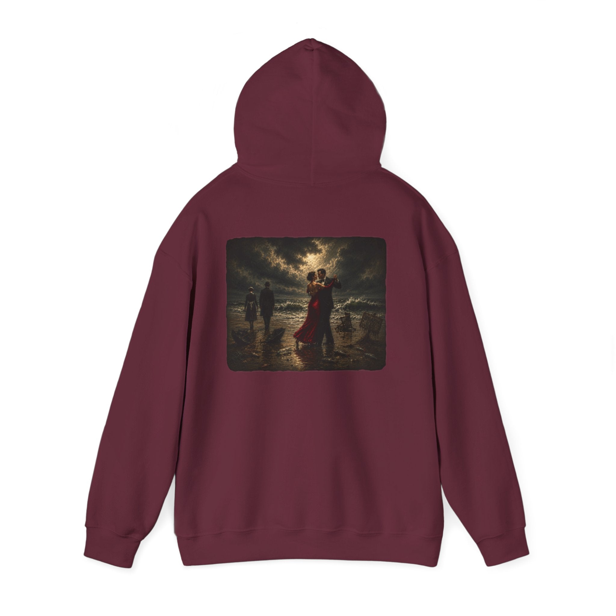 Back view of maroon hoodie with a graphic of a Vettriano inspired Singing Butler print on the back on a white background