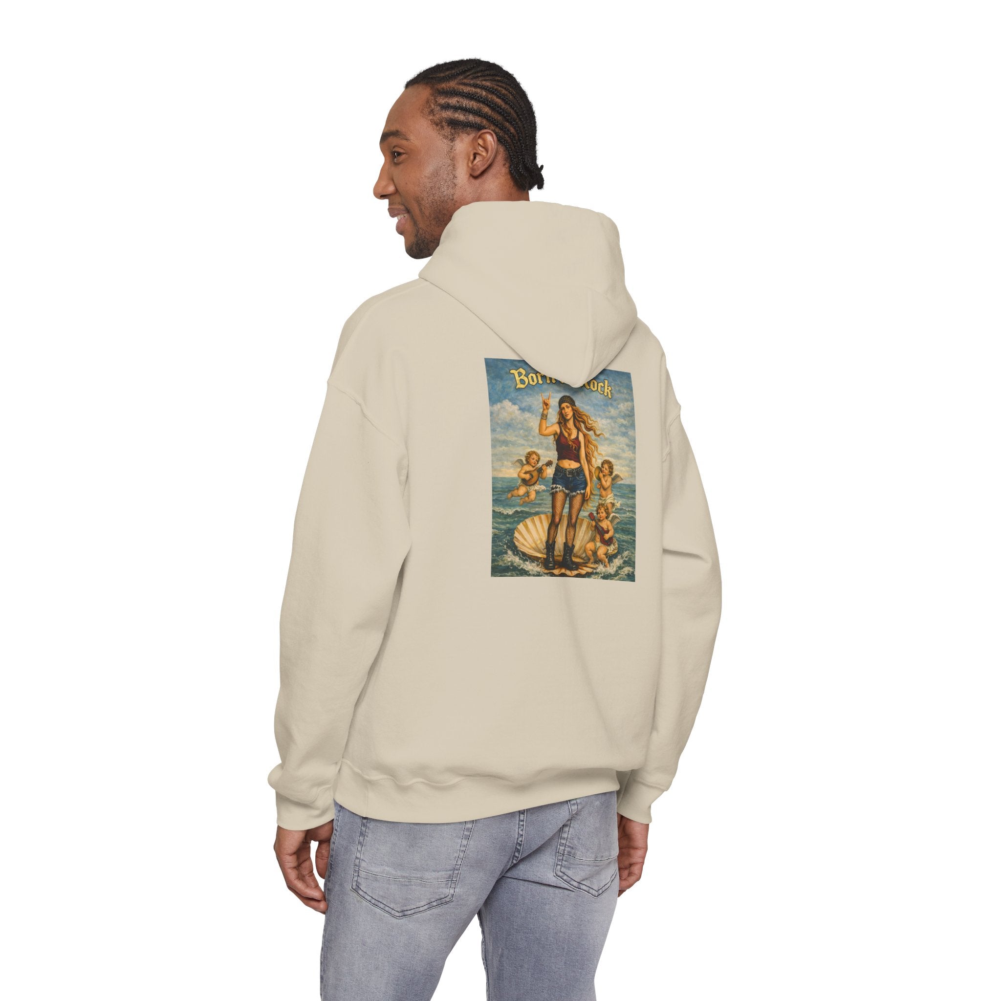 Man wearing Sand hoodie with a reimagined image of Botticelli's Venus on the back with Born to Rock text on a white background 