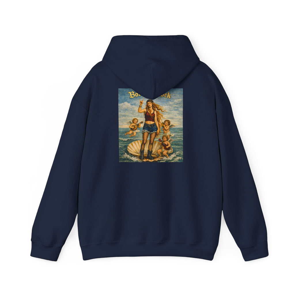 navy blue hoodie with a reimagined image of Botticelli's Venus on the back with Born to Rock text on a white background 