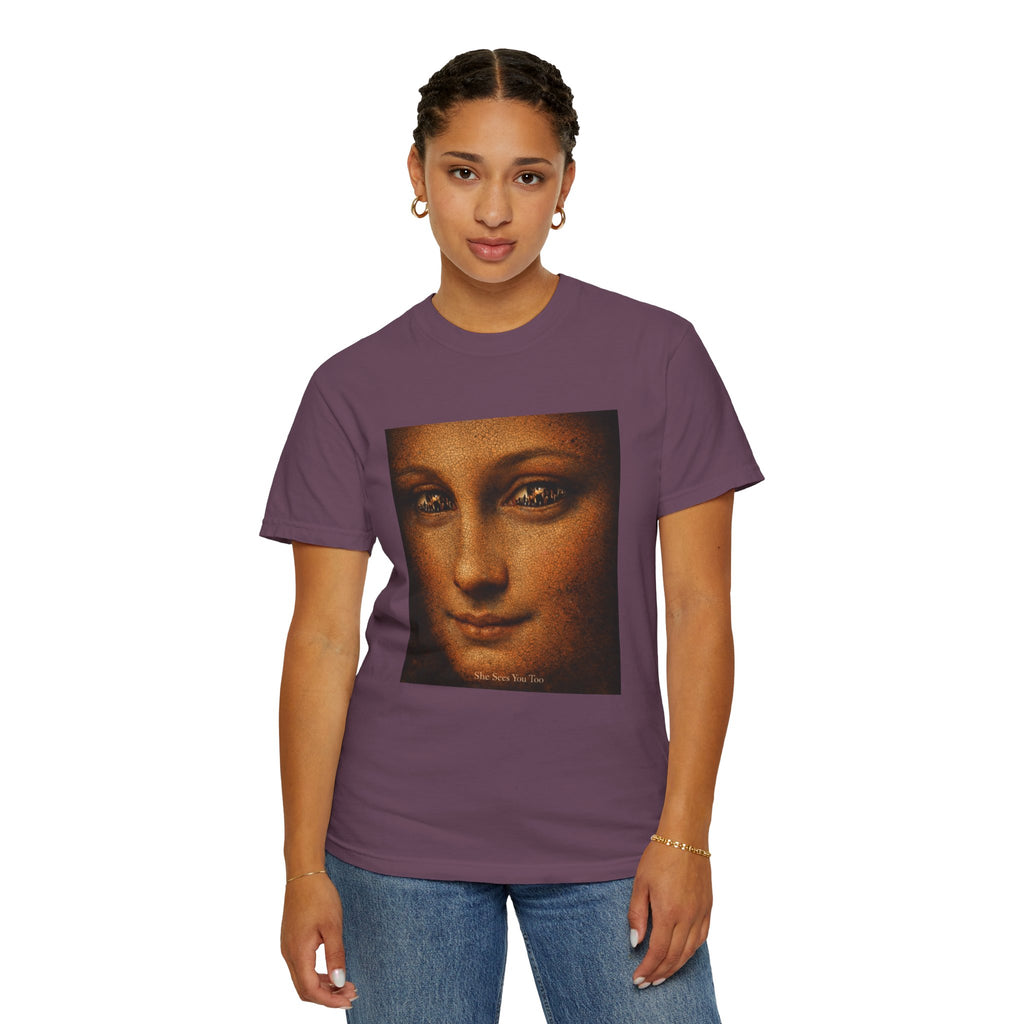 woman wearing Burgundy t-shirt showing reimagined image of Da Vinci's Mona Lisa on a white background