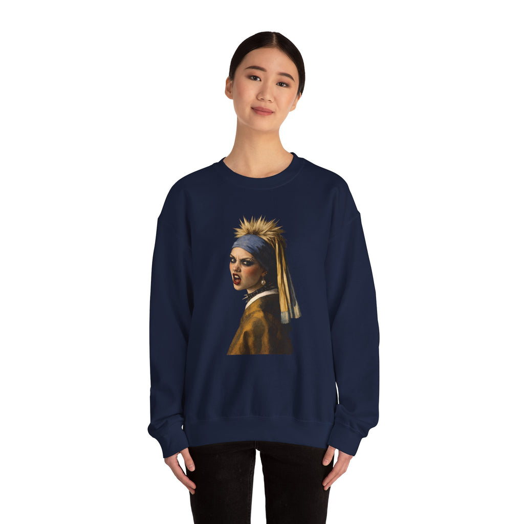 Person wearing a navy blue sweatshirt with a graphic design on a navy background