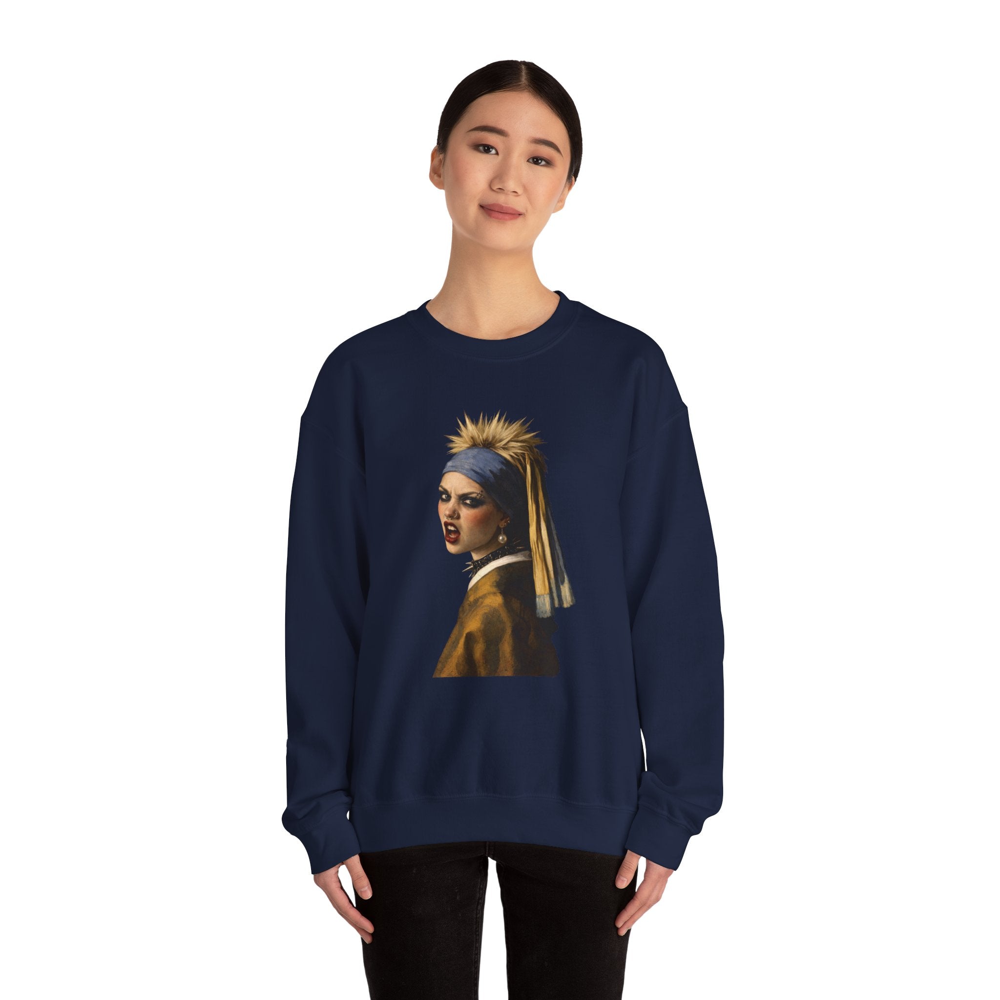 Person wearing a navy blue sweatshirt with a graphic design on a navy background