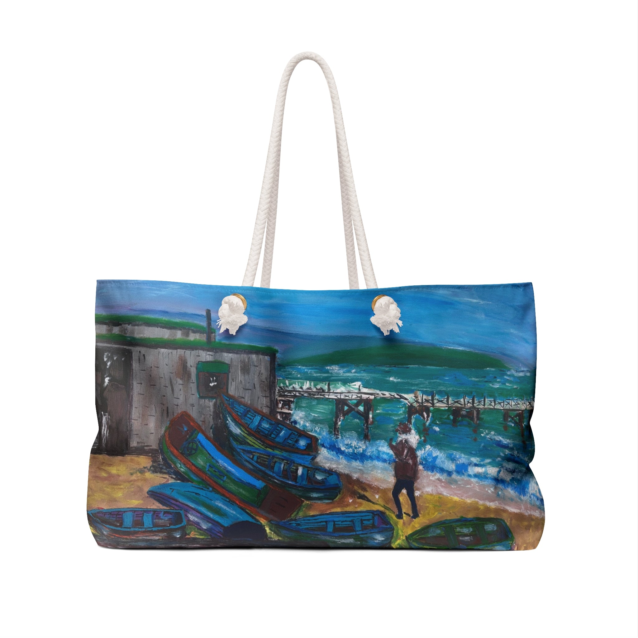 Tote bag with a scenic design of boats and a pier on the isle of wight on a white background