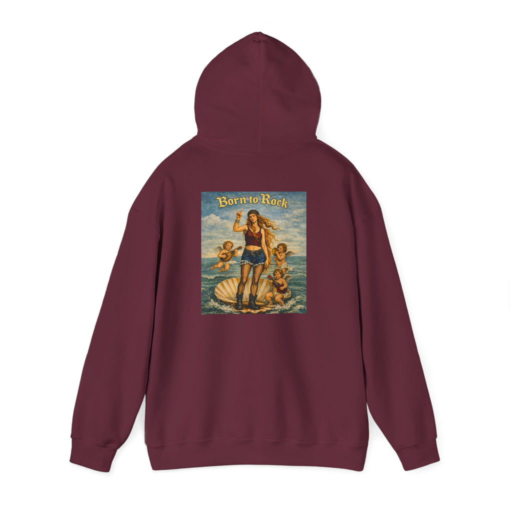 Maroon hoodie showing hood up with a reimagined image of Botticelli's Venus on the back with Born to Rock text on a white background 