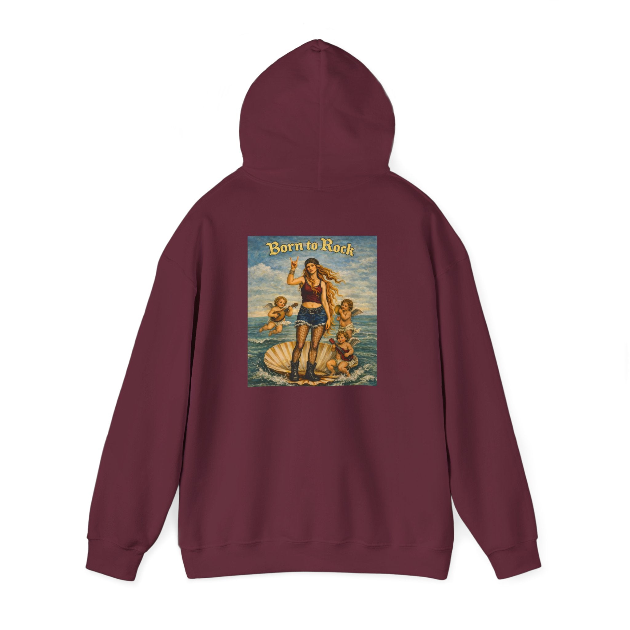 Maroon hoodie showing hood up with a reimagined image of Botticelli's Venus on the back with Born to Rock text on a white background 
