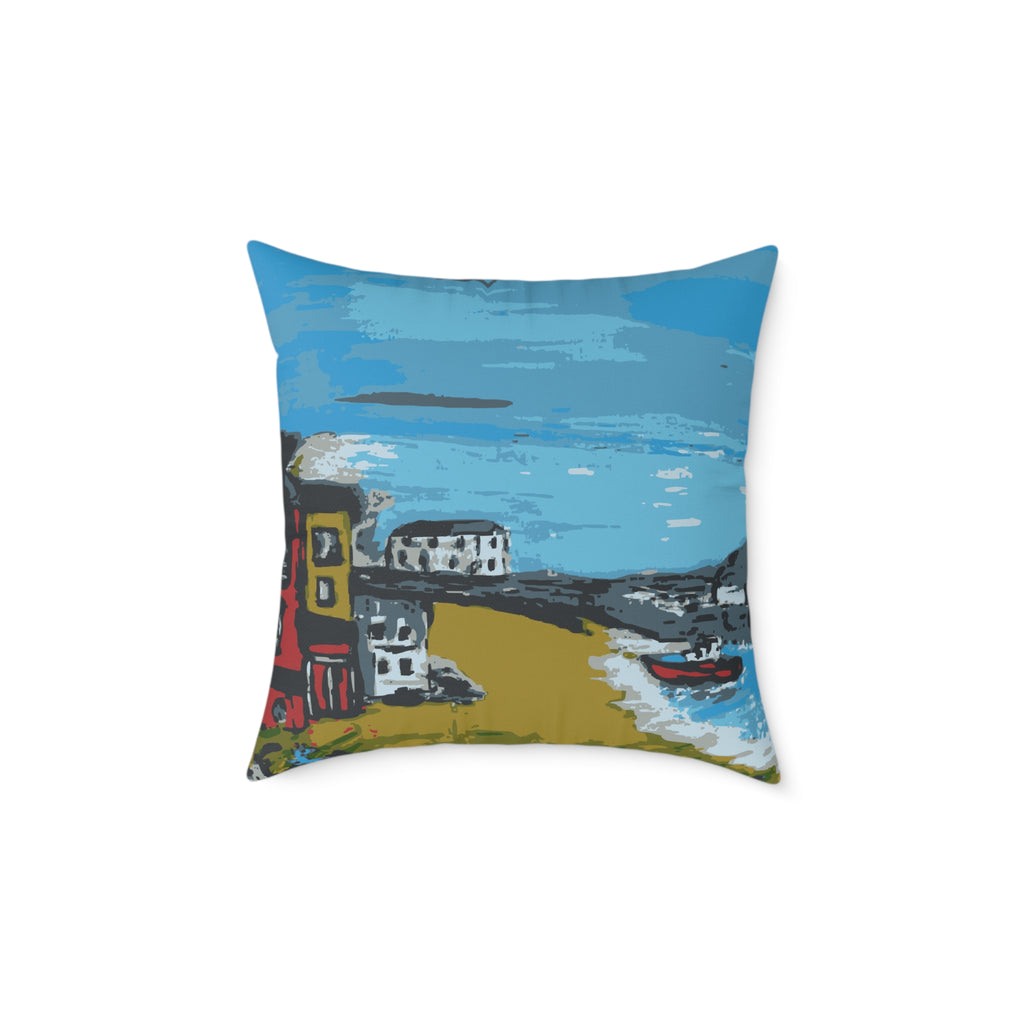 Decorative pillow with a colorful coastal scene design on a white background