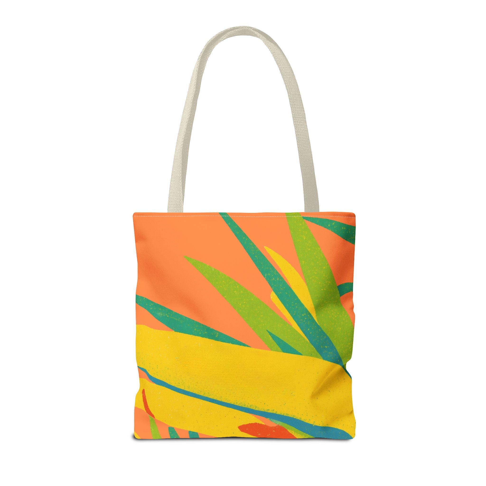 Tote bag with colorful leaf pattern inspired by Ragged Point, St Philip, Barbados on a white background