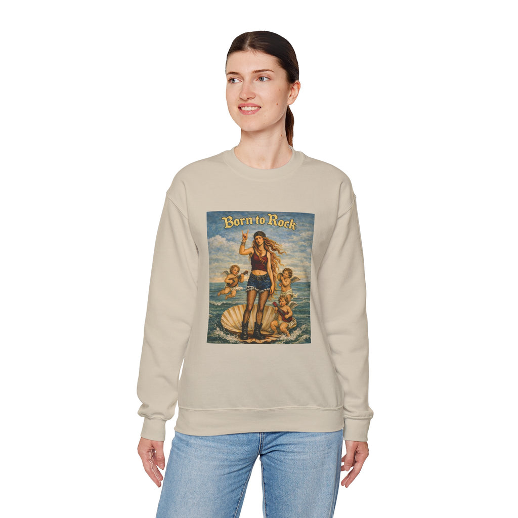 woman wearing a sand sweatshirt with a graphic design of Botticelli's Venus with 'Born to Rock' text on a white background
