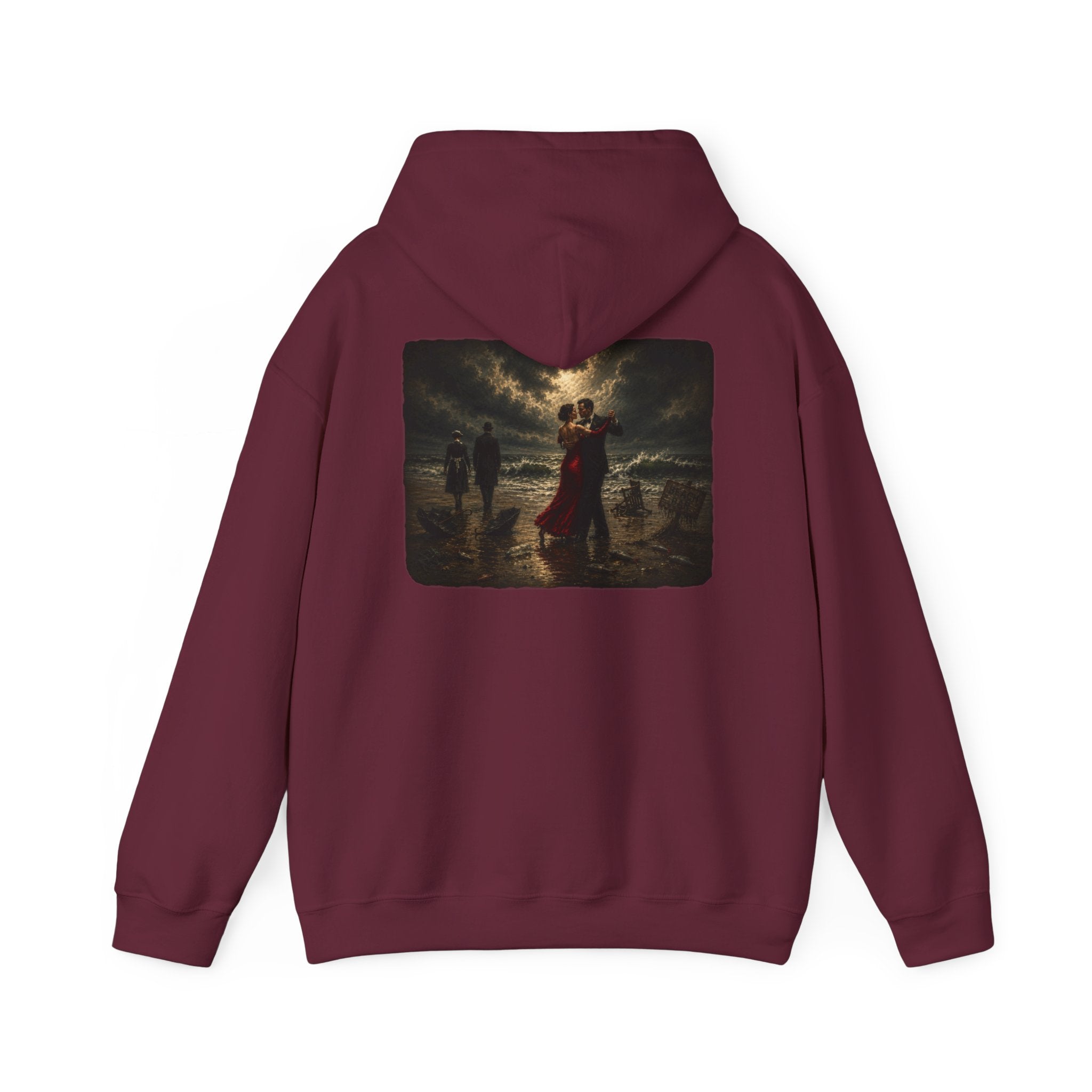 Maroon hoodie with a graphic of a Vettriano inspired Singing Butler print on the back on a white background